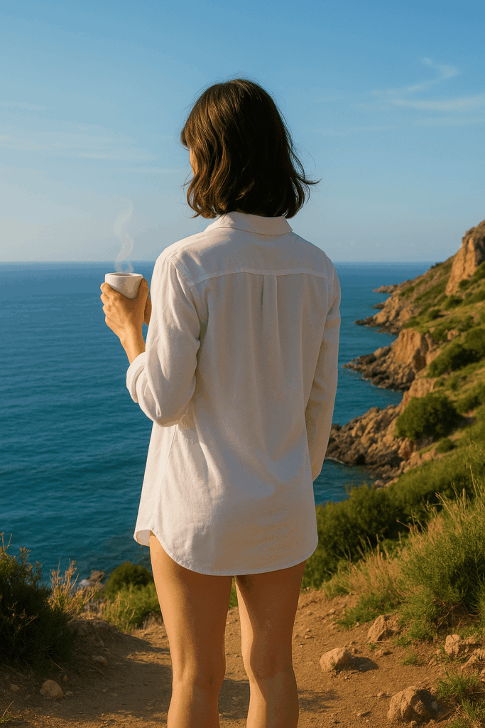 Le vespa rose Camille, de dos, en chemise blanche, tenant une tasse de café face à la Méditerranée depuis une falaise en Sicile.