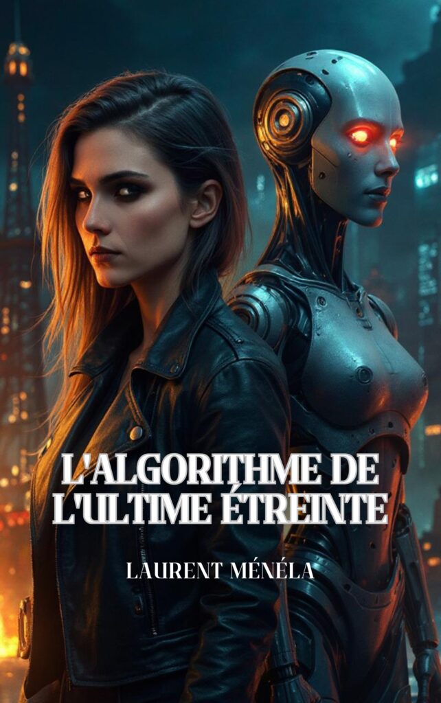 Couverture du roman de science-fiction « L’algorithme de l’ultime étreinte » de Laurent Ménéla, avec une jeune femme et un androïde aux yeux rouges dans une ville futuriste de nuit.