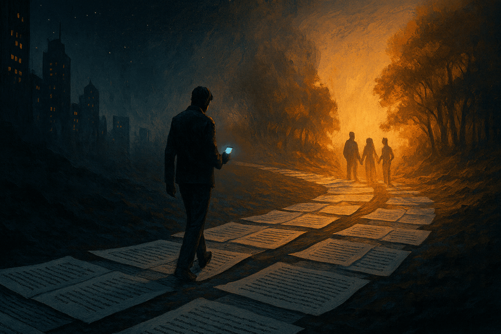 Un homme marche de nuit sur un chemin de pages, lisant sur son smartphone, vers une lumière chaleureuse où l’attendent trois silhouettes