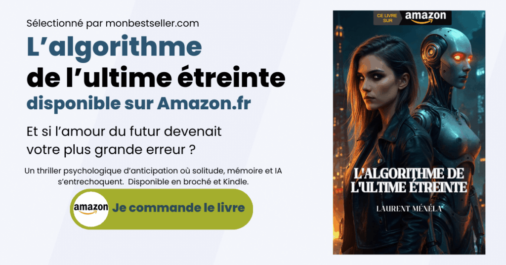 Bannière du roman « L’algorithme de l’ultime étreinte » disponible sur Amazon.fr et sélectionné par monBestSeller.com, avec couverture SF et bouton d’appel à l’action.