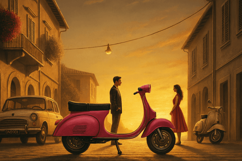Le Vespa Rose, une rencontre au coucher du soleil Un homme et une femme se font face au coucher du soleil, séparés par un Vespa rose, dans une petite rue italienne baignée de lumière dorée.