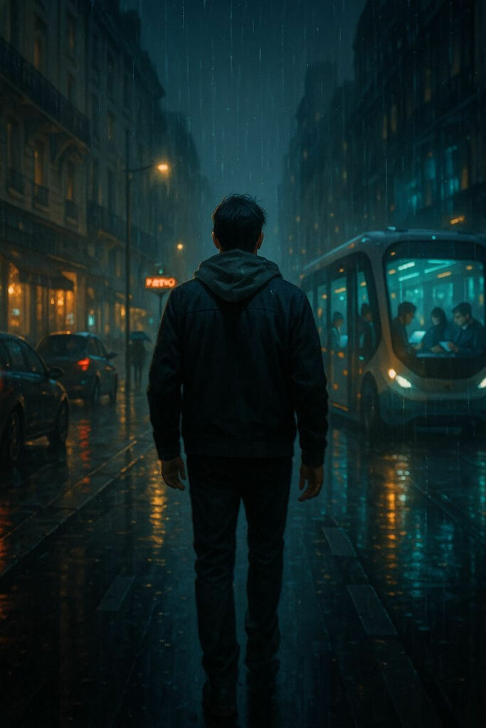 Un homme de dos marche sous la pluie dans une rue de Paris la nuit, tandis qu’un bus autonome passe avec des passagers absorbés par leurs écrans.