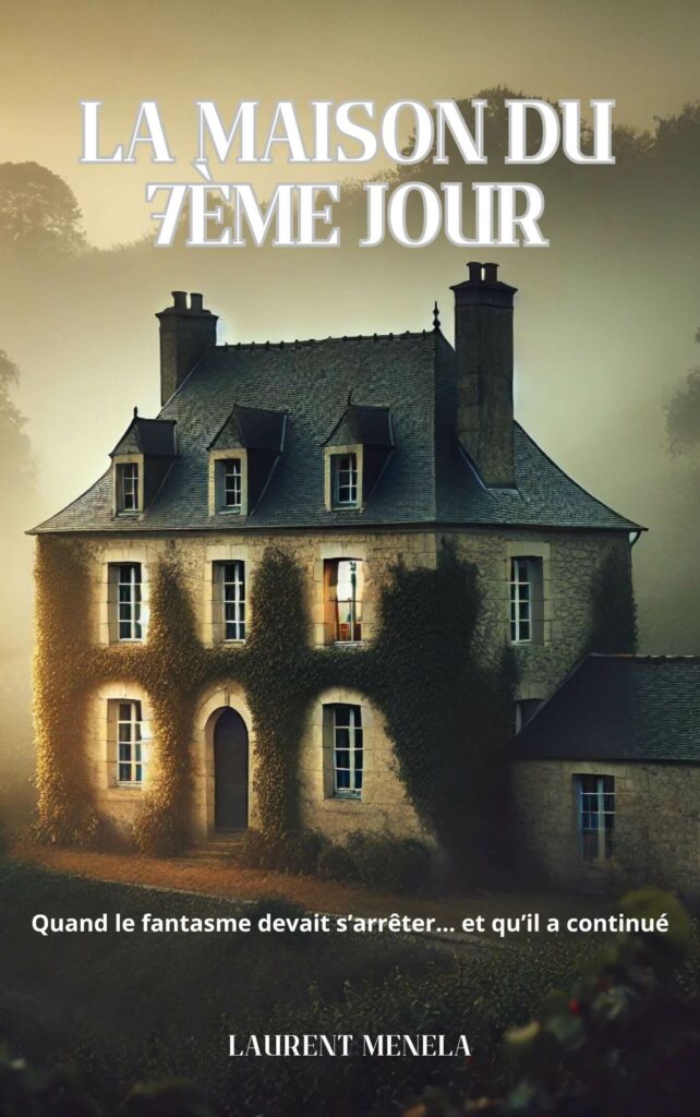 Couverture du roman « La maison du 7ème jour » de Laurent Menela, montrant une grande maison isolée couverte de lierre dans une lumière brumeuse et inquiétante.