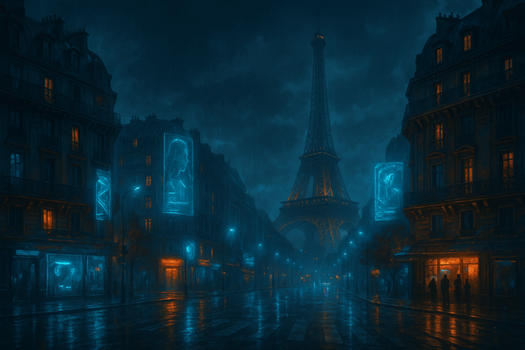 Paris futuriste de nuit, la tour Eiffel au fond d’un boulevard haussmannien illuminé de néons bleus
