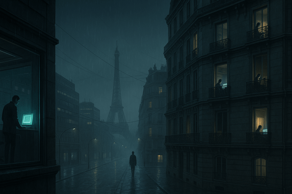 Paris futuriste sous la pluie, la tour Eiffel dans la brume et des silhouettes isolées connectées à leurs écrans