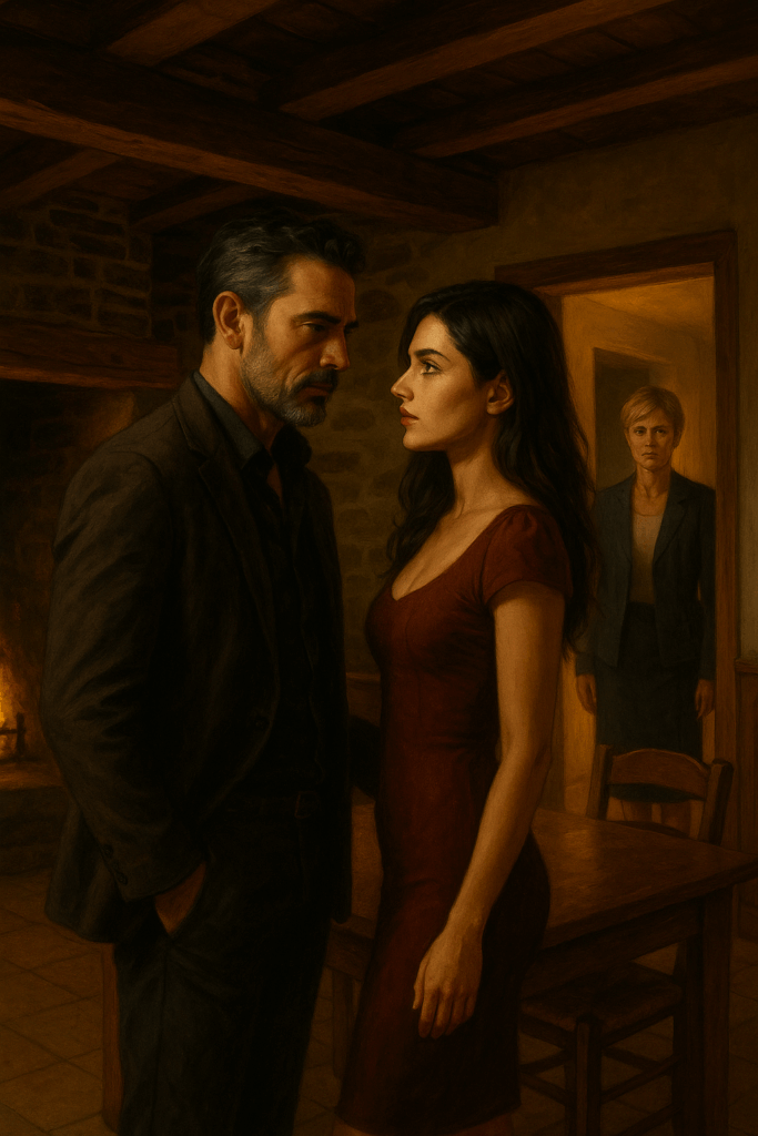 David et Danyella se font face dans une maison en pierre, tandis qu’Elise les observe depuis l’embrasure d’une porte, créant une tension palpable.