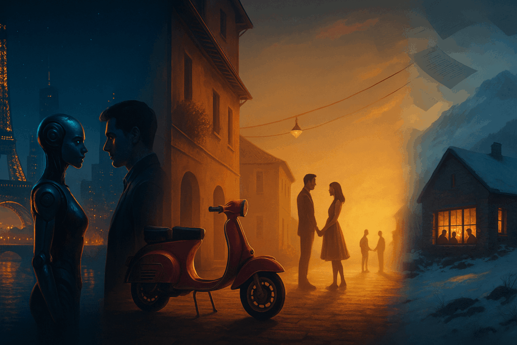 Univers de l'auteur Laurent Ménéla : Paris futuriste, Vespa rose dans une ruelle chaleureuse et chalet isolé dans la montagne