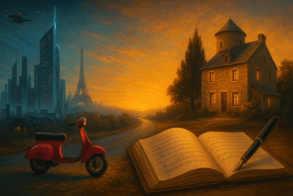 Un paysage symbolique avec Paris futuriste, un Vespa rouge sur une route de campagne, une maison en pierre et un carnet ouvert avec un stylo.