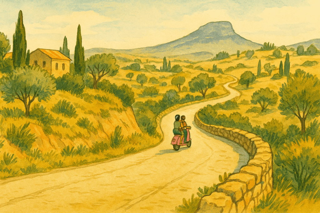 Sur la route du Vespa Rose, quelque part en Sicile Un couple sur un Vespa rose emprunte une petite route sinueuse de Sicile, au milieu des collines dorées et des oliviers.